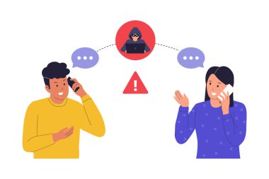 Ortadaki Adam Saldırısı 'nın tasviri. Özel Bilgilere Yetkisiz Erişim Tehdidini Vurgulayan İki Kişi Arasındaki Korsan İletişimi. Vektör Düz Çizim