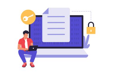 Veri Şifreleme ve Gizlilik İllüstrasyonu. Dijital Şifreleme Yöntemleri aracılığıyla Gizli Dosyaları Koruyan ve Bilgiyi Yetkisiz Erişimden Koruyan Bir Adam. Vektör Düz Çizim