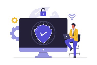 Kapsamlı Ağ Güvenliği ve Veri Koruma İllüstrasyonu. Gelişmiş Siber Güvenlik Çözümleri ve Kalkanlarıyla Dijital Bilgi, Aygıtlar ve Bağlantıyı Korumak. Vektör Düz Çizim