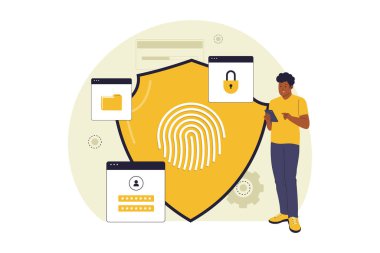 Biyometrik Güvenlik ve Parmak izi Doğrulama Çizimi. Sayısal hesaplarını güvence altına almak ve kişisel verilerini korumak için parmak izini kullanan bir adam. Vektör Düz Çizim