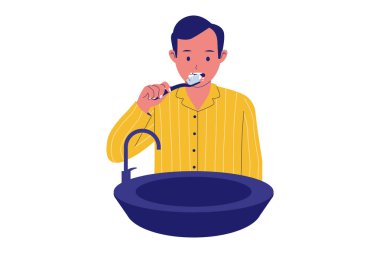 Diş fırçalama rutini ve ağız hijyeni. Günlük Diş Sağlığı İçin Dişlerini Fırçalayan Adam