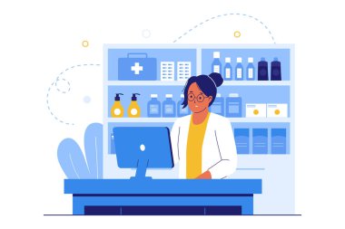Eczacı ve Eczane Servisi 'nin illüstrasyonu. Tezgahta Profesyonel Dağıtma İlacı ve Uyuşturucu Bilgileri Sağlama