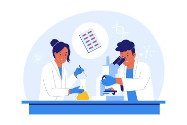 Yeni İlaç Araştırma ve İlaç Geliştirme 'nin İllüstrasyonu. Kimyasal Formüller ve Genetik Veriler Laboratuvarında Çalışan Bilim Adamları