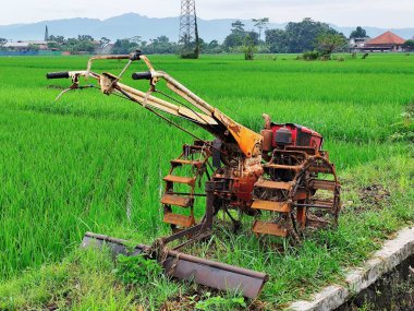 Pirinç tarlası traktörü pirinç tarlasının kenarına park edilmiş.