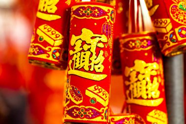 Çin Yeni Yılı için çeşitli şekillerde geleneksel Çin Yeni Yıl süslerini kapat (Metin: hayırlı, bahar, zenginlik ve hazine çekme)