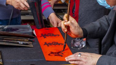 Chinese Spring Festival calligrapher handwriting Spring Festival couplets(Text: good luck, everything goes well, blessing, spring)