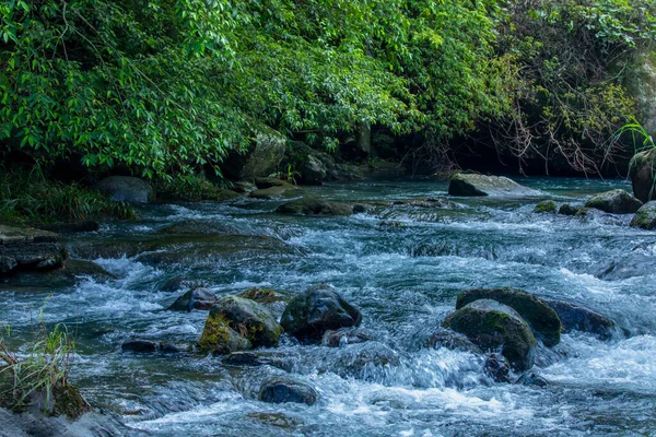 stock image Arch bridge made of stones over a verdant creek in the valley