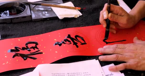 中国の春祭りの書道家は春祭りのカクテルを手書きしました テキスト 幸運なリュイ — ストック動画