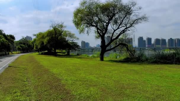 台北のケルン川公園の川沿いの草地での航空情熱 — ストック動画
