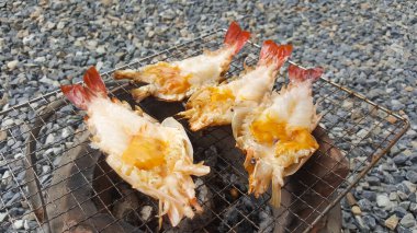 Kömür ocağında ızgara nehir karidesleri, Tayland sokak yemekleri.