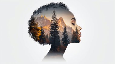 Bir kadının profilini tasvir eden sanatsal çifte pozlama çarpıcı bir doğayla birleşerek, kadınlıkla doğal hayat arasındaki bağlantıyı gözler önüne seriyor. üretici ai