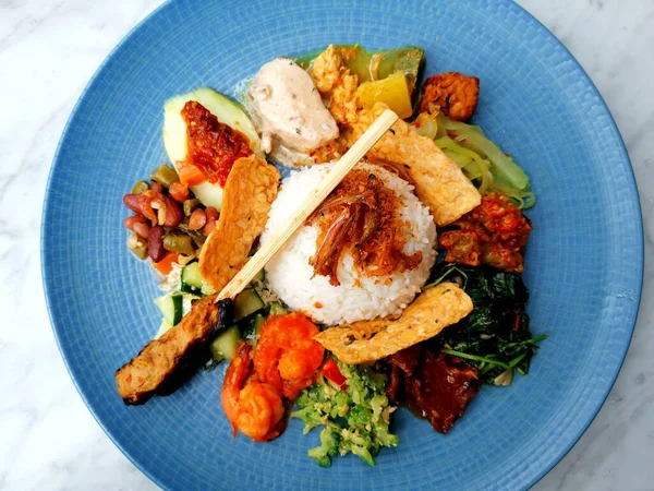 Nasi campur, healthy food, top view indonesian food