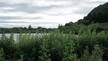 EDINBURGH - 24 Haziran 2024: Edinburgh, İskoçya 'daki Duddingston Gölü manzarası, bulutlu bir gökyüzü ve yemyeşil ağaçlar.