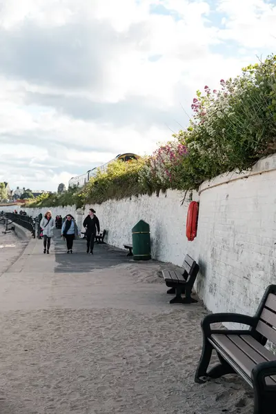 BURNTISLAND, FIFE, SCOTLAND, İngiltere - 11 Haziran 2024: Ziyaretçiler güneşli bir günde renkli çiçek ve banklarla dolu güzel bir sahil yolu boyunca sakin bir yürüyüş yapıyorlar.