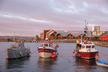 Edinburgh, Newhaven Limanı 'nda gün batımında üç balıkçı teknesi..
