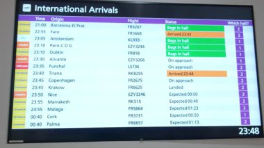 EDINBURGH, SCOTLAND, İngiltere - 21 Ekim 2024: Edinburgh Havalimanı 'na gelen uluslararası vatandaşlar için gerçek zamanlı bilgiler, uçuş statüleri ve kökenlerini ayrıntılı olarak, yakın plan.
