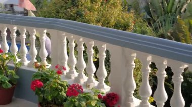 POKHARA, NEPAL - 16 HAZİRAN 2025: Canlı çiçeklerle süslenmiş güzel bir balkon ve sakin bir ortamda geçen zarif bir korkuluk