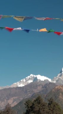 GHOREPANI, NEPAL - 10 HAZİRAN 2025: Nepal 'de yürüyüş için popüler sakin bir yer olan Ghorepani' de çarpıcı dağ manzaraları ve renkli dua bayrakları.