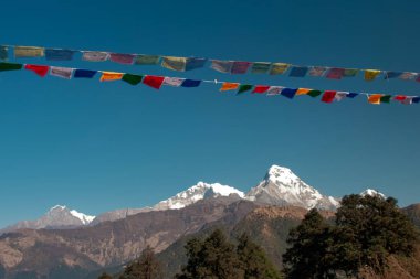 GHOREPANI, NEPAL - 10 HAZİRAN 2025: Nepal 'de yürüyüş için popüler sakin bir yer olan Ghorepani' de çarpıcı dağ manzaraları ve renkli dua bayrakları.