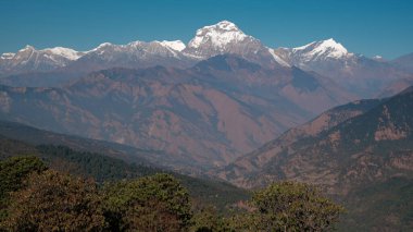 GHOREPANI, NEPAL - 10 HAZİRAN 2025 Nepals Ghorepani bölgesinde unutulmaz bir yolculuk sırasında göz kamaştırıcı manzaralar ve görkemli dağlar,.