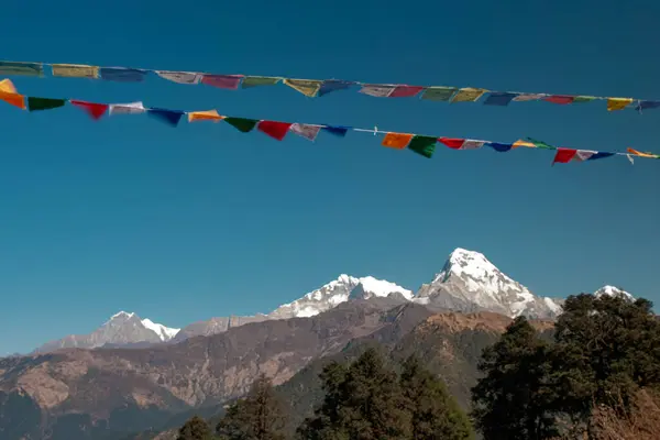 GHOREPANI, NEPAL - 10 HAZİRAN 2025: Nepal 'de yürüyüş için popüler sakin bir yer olan Ghorepani' de çarpıcı dağ manzaraları ve renkli dua bayrakları.