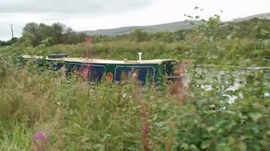 AUCHINSTARRY, NORTH LANARKSHIRE, SCOTLAND, UK - 18 AĞUSTOS 2024: Bulutlu bir yaz gününde Auchinstarry Marina 'da yemyeşil bir tekne boyunca yürü.