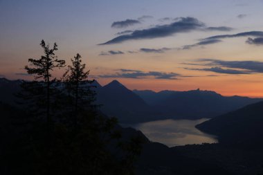 Thun Gölü ve piramit şeklindeki Niesen Dağı ve Spruces, İsviçre.