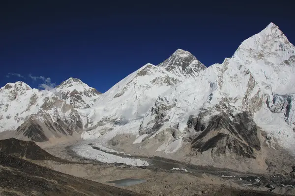 从尼泊尔Kala Patthar看到的珠穆朗玛峰和珠穆朗玛峰基地营地 免版税图库图片