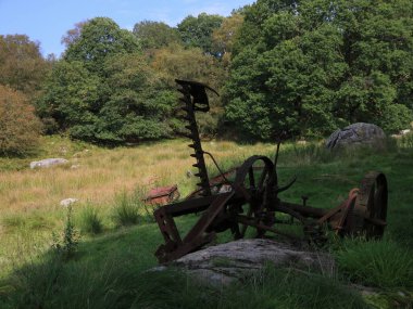 Old iron scrap in a forest near Egersund, Norway. clipart