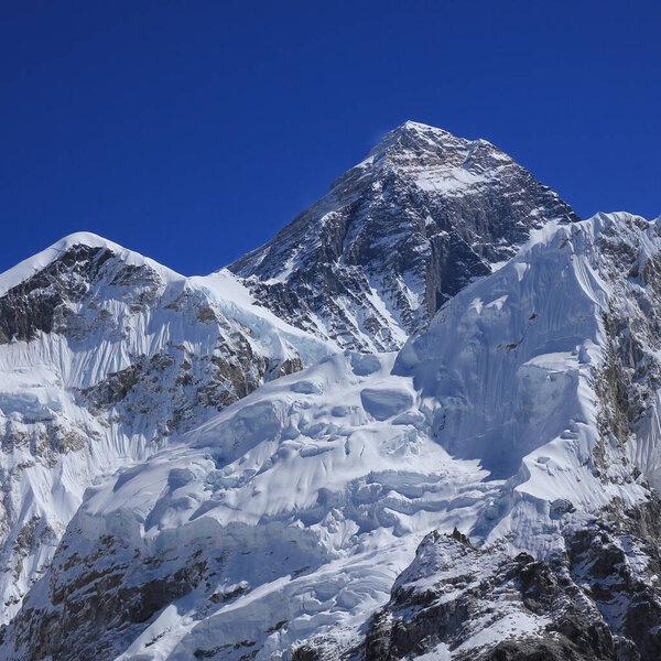 Clear azure blue sky over majestic Mount Everest, Nepal.