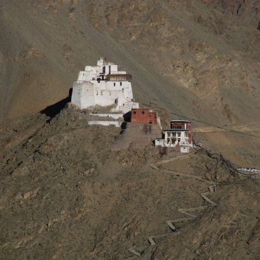 Orta Çağ Tsemo Kalesi ve Namgyal Tsemo Manastırı Shanti Stupa, Leh, Hindistan 'dan görüldü..