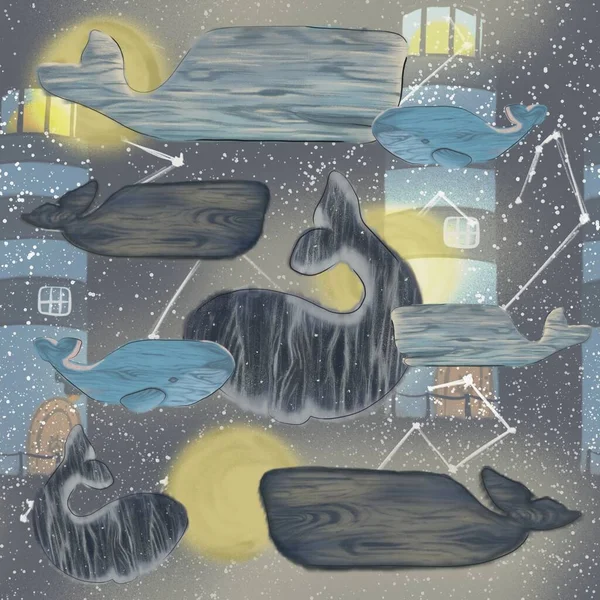 Night sky pattern with fairy motives. Driftwood whales, constellations, and lighthouses in the night sky. Maritime seamless pattern. Folklore marine composition.