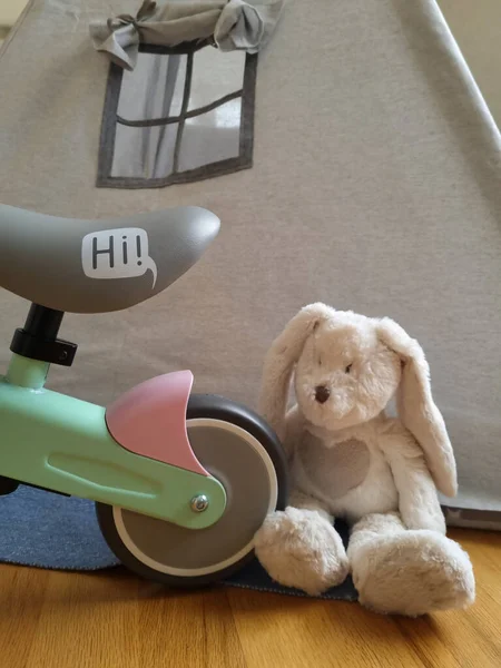 Balance bike wheel and a toy. Bunny rabbit toy and a toddlers bike. Teepee tent in the background. Kids playroom.