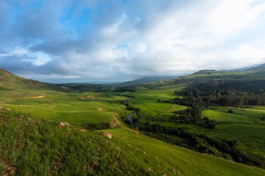 Drakensberg Güney Afrika 'daki yeşil vadiden geçen nehir yılanı.