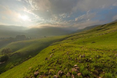 Drakensberg Güney Afrika 'daki yeşil dağda alçak bulutlar ve sis