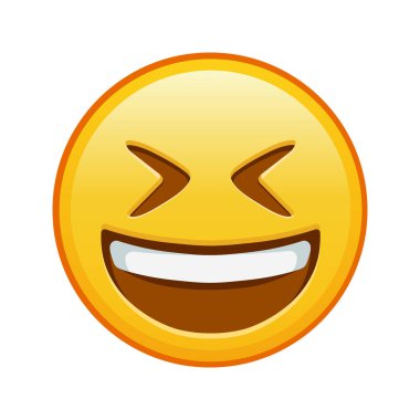 Gülümseyen yüz, ağzı açık ve gözleri sımsıkı kapalı. Büyük sarı emoji gülümsemesi.