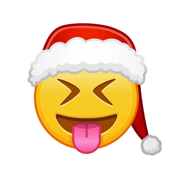 突出した舌としっかりと閉じた目でクリスマスの顔黄色の絵文字の笑顔の大規模なサイズ — ストックベクタ