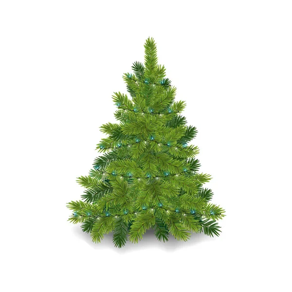 Realistischer Weihnachtsbaum Mit Led Girlande Flauschige Grüne Kiefer — Stockvektor