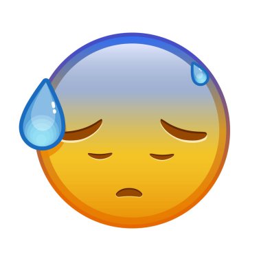 Yüzü soğuk terli, ağzı açık. Büyük sarı emoji gülüşlü.