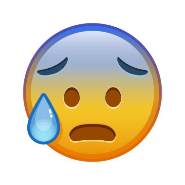Yüzü soğuk terli, ağzı açık. Büyük sarı emoji gülüşlü.