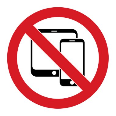 Telefon ya da akıllı telefon silueti arka planda izole edilmiş kırmızı çapraz daire şeklinde