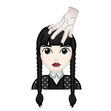 Siyah saçlı, eli kafasında bir kadın. Çarşamba konsepti. Büyük boy soluk emoji yüz.