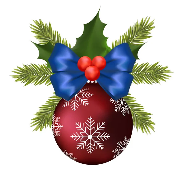Giocattolo Rosso Dell Albero Natale Con Fiocco Blu Bacche Agrifoglio — Vettoriale Stock