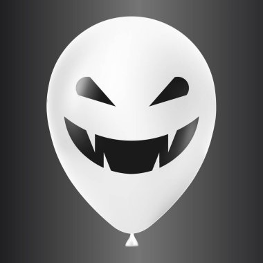 Karanlık arka planda izole edilmiş korkutucu ve komik yüzlü Cadılar Bayramı beyaz balonu çizimi