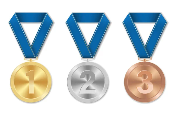 Золота Срібна Бронзова Медаль Спорту Блакитними Стрічками Цифрами — стоковий вектор