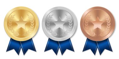 Mavi kurdeleli ve yıldızlı altın gümüş ve bronz madalya