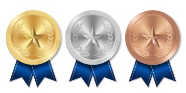 Mavi kurdeleli ve yıldızlı altın gümüş ve bronz madalya