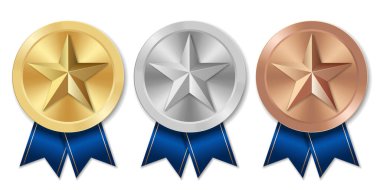 Mavi kurdeleli ve yıldızlı altın gümüş ve bronz madalya