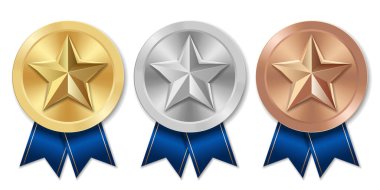 Mavi kurdeleli ve yıldızlı altın gümüş ve bronz madalya