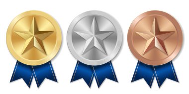 Mavi kurdeleli ve yıldızlı altın gümüş ve bronz madalya